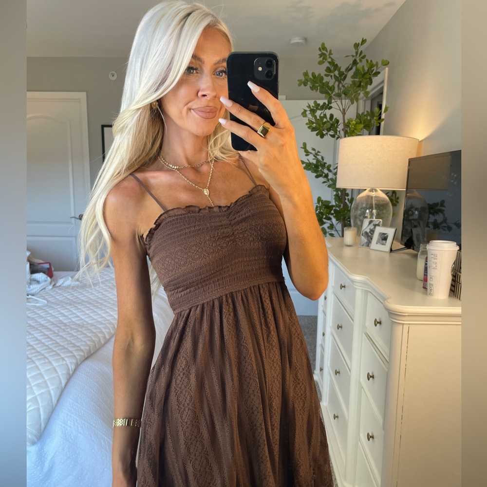 Smocked Lace Tiered Maxi Dress - Brown - Picture 3 of 5